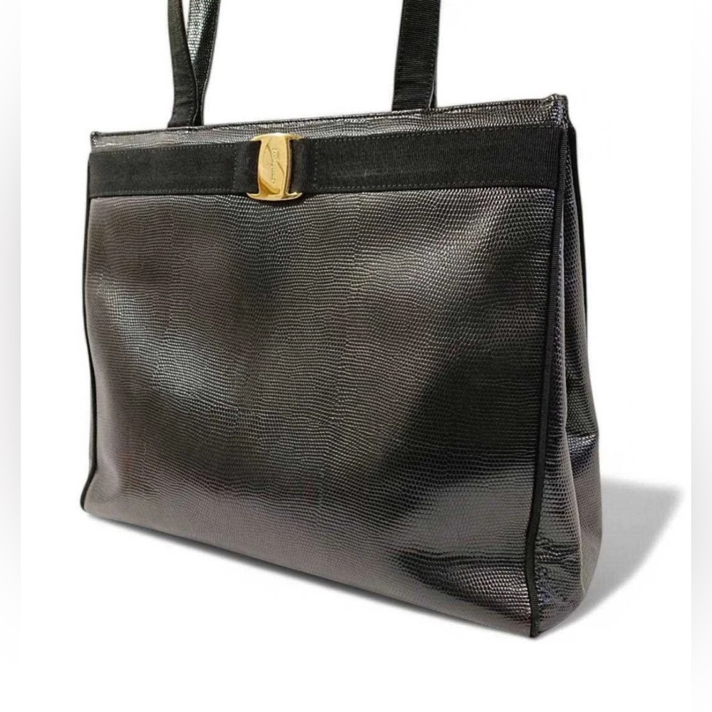 Salvatore Ferragamo Black Textured Leather Shoulder Bag with Gold Tone Logo